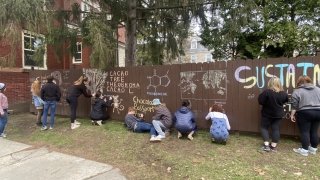 A group of Saint Lawrence University students use chalk and draw on a brown fence. 
