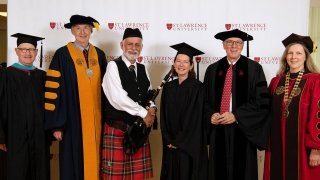 Michael Ranger, Grant Cornwell Junior, Stewart Nimmo, Lynn Smith Fox, President Emeritus William L Fox, and President Kathyrn Morris.