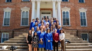 Members of the honor society, Omicron Delta Kappa, gather on the steps of Richardson Hall.