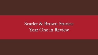 Text "Scarlet & Brown Stories: Year One in Review" on Scarlet and Brown background