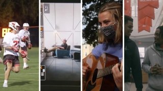 A collage of four stills from four different videos, one featuring a lacrosse game, another featuring a self portrait of Owen Hammel, another featuring a student playing the guitar, and another featuring two student-athletes talking.