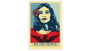 A digital red, white, and blue, rendering of a person with long hair and a bright red rose behind their ear. Text below the image reads, we the people.
