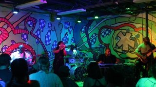 A group of musicians perform on stage as a crowd watches on. The stage is lit with blue and yellow lights.