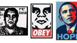three stickers by shepard fairey