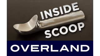 A picture of a shiny silver ice cream scoop flanked by the words "INSIDE SCOOP" sits overtop of a blue text box with the word "OVERLAND" written inside