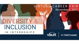 The background is made up of silhouettes of several people in a wide variety of colors; Text in the top right reads "Virtual Career Fair November 3, 2022"; the left side reads "Diversity & Inclusion in Internships" and at the bottom right are logos for Vault and Firsthand.
