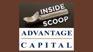 The inside scoop logo, which consists of a sliver ice cream scoop flanked by the words "INSIDE SCOOP" sits atop the Advantage Capital logo, which is the words "Advantage" and "Capital" in blue text stacked vertically separated by a gold horizontal line.