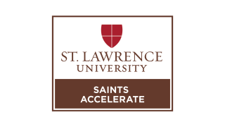The Saints Accelerate logo consists of a brown bounding box with a white interior. On top is the St. Lawrence University logo (a red shield divided into quadrants by two thin white lines over stacked text that reads "ST. LAWRENCE UNIVERSITY." The bottom third of the box is brown with white text that reads "SAINTS ACCELERATE."