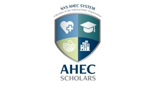 The NYS AHEC Scholars Program logo is a crest split into four sections. The top left is a white heart with a plus symbol in a field of blue; the top right is a graduation cap on a green background; the bottom left shows hills and and fields on gold, while the bottom right shows a group of tall buildings.