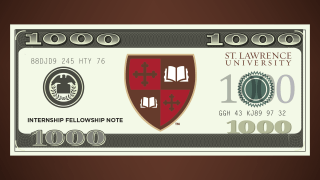 A mockup of a fake $1,000 bill, with the St. Lawrence shield at the center.