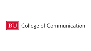 A small red rectangle sits at the left with white letters reading "BU" inside; text to the right of the red box reads "College of Communication"
