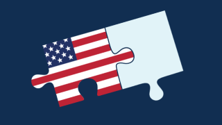 Two puzzle pieces, one with the colors of the American flag, the other a light blue color, are joined together on a dark blue background.