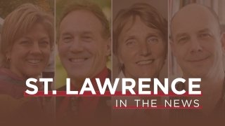 A collage of Eileen Visser, Bob Durocher, Fran Grembowicz, and Howard Eissenstat. A text overlay reads, Saint Lawrence in the News. 