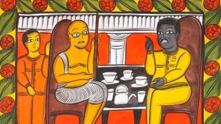 A vribrant orange, yellow, and green painting of two individuals sitting at a table to have tea titled, "I see the promised land: a life of Martin Luther King Jr."