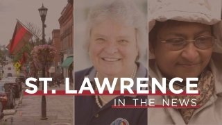 "St. Lawrence In The News" text overlaying 2 professors and an image of the town of Canton