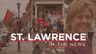 St. Lawrence in the News Cover Photo - 3 photo collage, photos include a photo of the mens baseball team, Eileen Visser, and the St. Lawrence University Flag. Words overlay the collage stating "Saint Lawrence in the News"