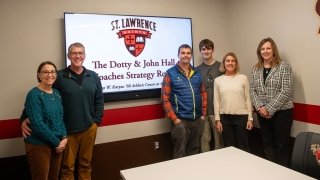 President Morris joined John and Alice Hall and Kristin Hall Lamb ’96, P’28, Gunner Lamb P’28 and Carter Lamb ’28 to celebrate The Dotty &amp; John Hall Coaches Strategy Room.