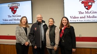 President Kate Morris and Chair of the Board of Trustees Jennifer Curley Reichert ’90 celebrated the McGinn Video and Media Room alongside lead donor Mark ’77 and Martha Reichert McGinn ’80.