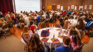 Local high-schooler students gathered in Eben-Holden at the start of the "Math & Everything" event