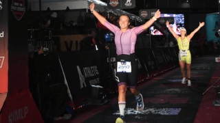 Sarah Peebles during Finish line of Ironman Lake Placid, July 2025. 