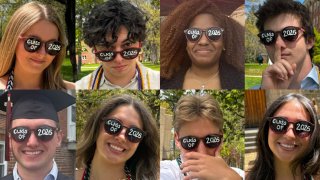 A compilation of eight different seniors wearing sunglasses that say "Class of 2026" on them.