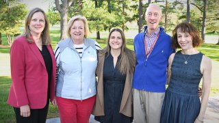 Group shot of three of five alumni awardees with President Morris and AEC President 