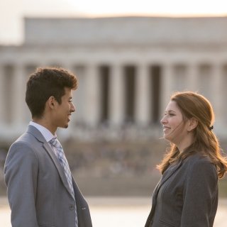 Two students outside the Lincoln Memorial in Washington, D.C.