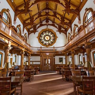Interior of Cole Reading Room first floor looking toward the main door.