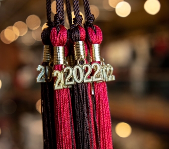 Scarlet and brown graduation tassles with gold 2022 charms.