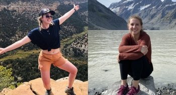 On the left, a student stands with their arms open on an outcrop of rocks overlooking a valley below. Right, a student sits on a rock in front of a large lake and mountain scene.