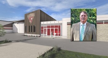 George Karpus ’68 headshot over an image of Appleton Arena Phase II