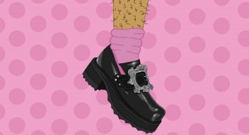 Raven Larcom's ad design features a hairy leg against a pink background with a heavy-heeled shoe and a tagline: &quot;Unique soles for unique souls.&quot;