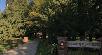 Looking up at a tree-lined path near the Saint Lawrence University entryway.