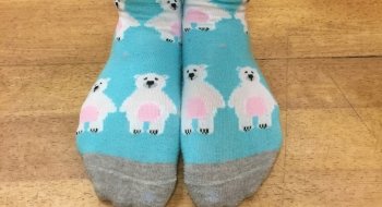 Saint Lawrence student shows off light blue and grey socks with white polar bears on them.