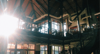 The inside of the Saint Lawrence student center as sun shines through the window.