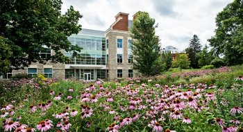 Johnson Hall of Science in the background with purple wildflowers in the foreground