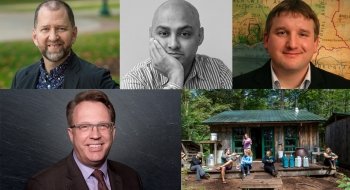 A collage of John Collins, John Williams, Somdeep Sen, Matt Carotenuto, and students at Arcadia, home of Saint Lawrence's Adirondack semester.
