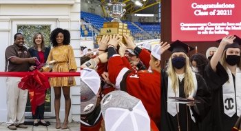A collage of three images: the first features a ribbon-cutting ceremony, the second features a team hoisting a trophy, and the third includes two happy masked graduates.