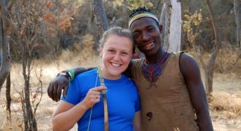 Claire Silberg in Kenya with her Hadzabe guide and language instructor.