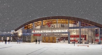 A proposed change to the exterior of Appleton Arena. There is snow falling in the digital image.