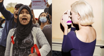 A woman, wearing a red ribbon on her lapel, stands in front of a crowd protesting for democracy. A woman, wearing a purple dress, looks into a mirror.