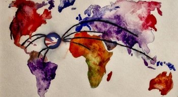 A watercolor illustration of the globe with a peace corps logo that has arrows pointing all across the world.