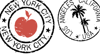 An illustration of New York City and Los Angeles stamps.