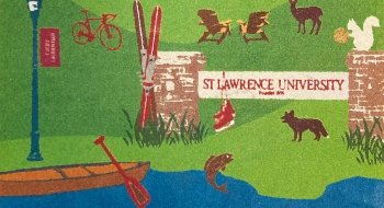 watercolor graphic of campus scene with animals and canoe