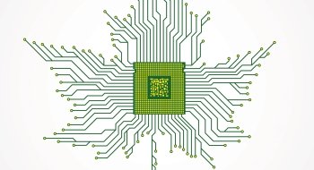 An illustration of a microchip looking device with several lines of pathways extending out of it that form the shape of a leaf.
