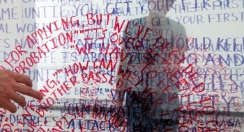 Person in front of words