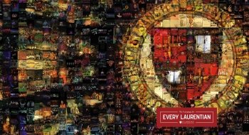 A photo of the St Lawrence shield made up of collaged photos of students, events, and more.