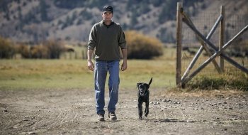 Alumni Defazio walking in a field alongside his dog.