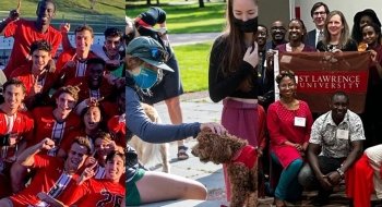 A collage of Saints Men's Soccer celebrating a Liberty League victory, two students petting a dog, and President Morris holding a Saint Lawrence University scarlet and brown flag during an event.