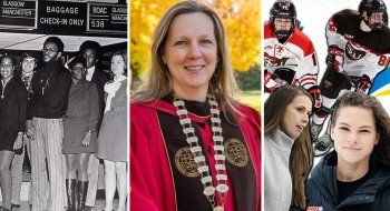 A collage of Saint Lawrence University students standing in an airplane terminal, President Kathryn Morris, and four members of Saint Women's Ice Hockey.
